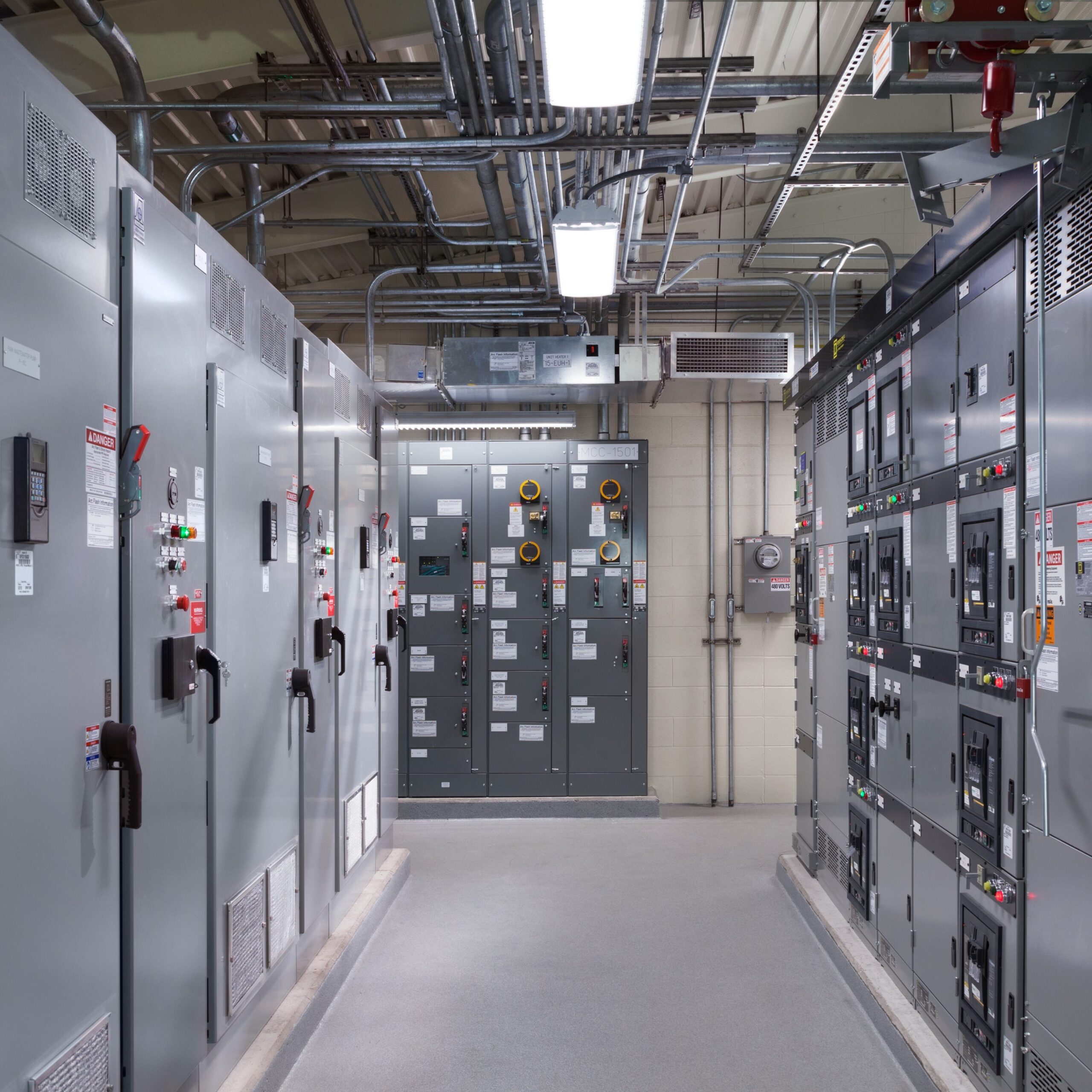 The interior of a pumping station with updated electrical systems and infrastructure.